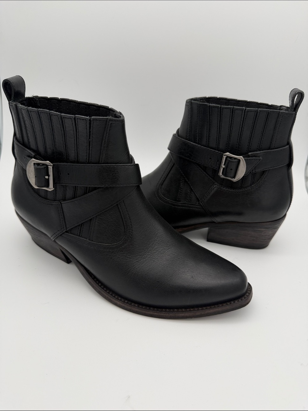 All Saints Western Style Ankle Booties Black Leather Boots Belt Sz 8 Pointed Toe - Picture 2 of 16